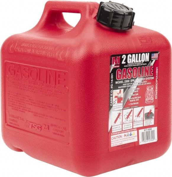 Made in USA - 2 Gal High Density Polyethylene Spill-Proof CARB Gas Can - 9-3/4" High x 9-1/4" Diam, Red - Apex Tool & Supply
