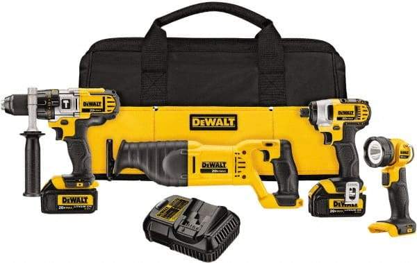DeWALT - 10 Piece 20 Volt Cordless Tool Combination Kit - Includes 1/2" Hammerdrill, 1/4" Impact Driver & Reciprocating Saw & LED Worklight, Lithium-Ion Battery Included - Apex Tool & Supply