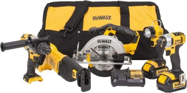 DeWALT - 12 Piece 20 Volt Cordless Tool Combination Kit - Includes 1/2" Hammerdrill, 1/4" Impact Driver, Reciprocating Saw, 6-1/2" Circular Saw & LED Worklight, Lithium-Ion Battery Included - Apex Tool & Supply