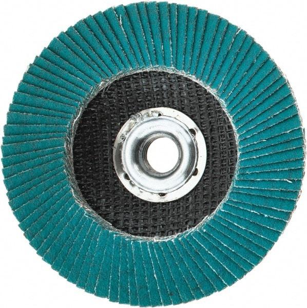 3M - 80 Grit, 4-1/2" Disc Diam, 5/8-11 Center Hole, Type 27 Zirconia Alumina Flap Disc - 13,300 Max RPM, Cloth Backing, Arbor Attaching System, Coated - Apex Tool & Supply