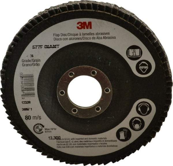 3M - 36 Grit, 4-1/2" Disc Diam, 7/8" Center Hole, Type 27 Zirconia Alumina Flap Disc - 13,300 Max RPM, Cloth Backing, Arbor Attaching System, Coated - Apex Tool & Supply