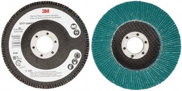 3M - 80 Grit, 4-1/2" Disc Diam, 7/8" Center Hole, Type 27 Zirconia Alumina Flap Disc - 13,300 Max RPM, Cloth Backing, Arbor Attaching System, Coated - Apex Tool & Supply