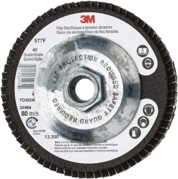 3M - 40 Grit, 4-1/2" Disc Diam, 5/8-11 Center Hole, Type 29 Zirconia Alumina Flap Disc - 13,300 Max RPM, Cloth Backing, Arbor Attaching System, Coated - Apex Tool & Supply