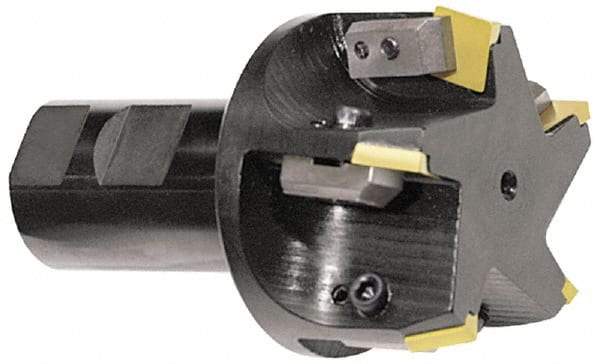 APT - 45° Lead Angle, 2-1/2" Max Cut Diam, 2-1/2" Min Cut Diam, 5/16" Max Depth of Cut, Indexable Chamfer and Angle End Mill - 4 Inserts, SPC 42ZR, SPG 422, SPG 423, SPG 424, SPU 422, SPU 423 Insert Style, 5" OAL, Taper Shank - Apex Tool & Supply