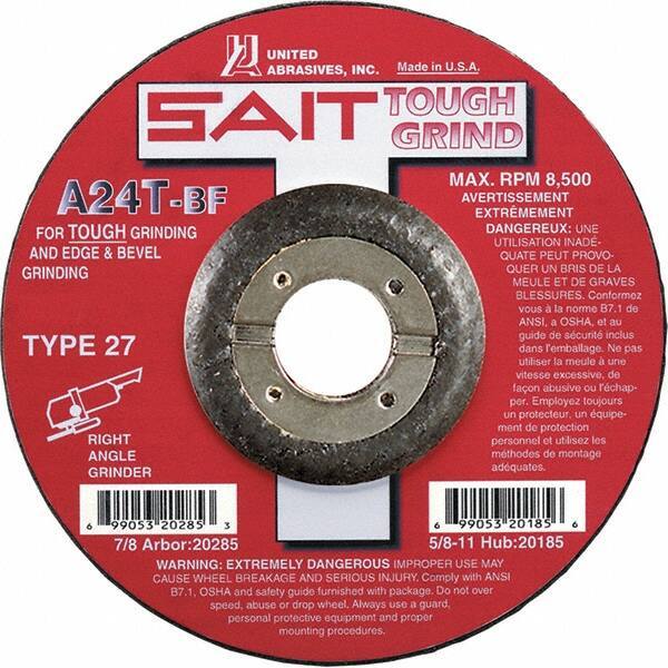 Sait - 24 Grit, 5" Wheel Diam, 1/4" Wheel Thickness, 7/8" Arbor Hole, Type 27 Depressed Center Wheel - Aluminum Oxide, Resinoid Bond, T Hardness, 12,200 Max RPM, Compatible with Angle Grinder - Apex Tool & Supply