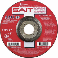 Sait - 24 Grit, 5" Wheel Diam, 1/4" Wheel Thickness, 7/8" Arbor Hole, Type 27 Depressed Center Wheel - Aluminum Oxide, Resinoid Bond, T Hardness, 12,200 Max RPM, Compatible with Angle Grinder - Apex Tool & Supply