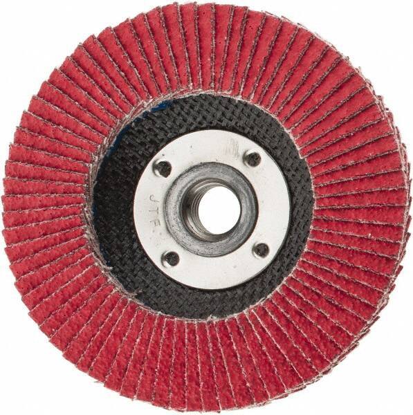 Weiler - 40 Grit, 4-1/2" Disc Diam, 5/8-11 Center Hole, Type 29 Ceramic Flap Disc - 13,000 Max RPM, Phenolic Backing, Arbor Attaching System, Coated - Apex Tool & Supply