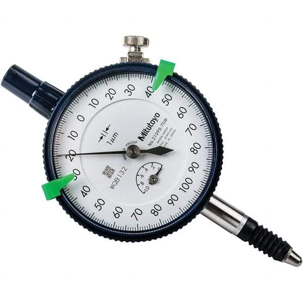 Mitutoyo - 1mm Range, 0-100-0 Dial Reading, 0.001mm Graduation Dial Drop Indicator - 57mm Dial, 0.2mm Range per Revolution, 0.005mm Accuracy, Revolution Counter - Apex Tool & Supply