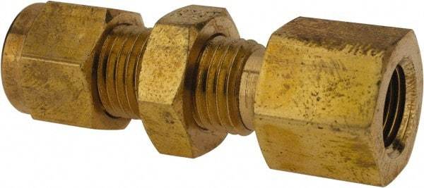 Parker - 1/4" OD, Brass Bulkhead Female Connector - 3,500 Max Working psi, 5/8" Hex, Comp x FNPT Ends - Apex Tool & Supply