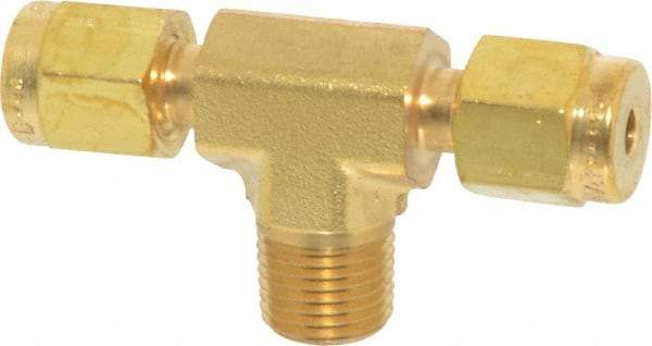 Parker - 1/8" OD, Brass Male Branch Tee - 3,600 Max Working psi, 7/16" Hex, Comp x Comp x MNPT Ends - Apex Tool & Supply