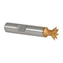 Made in USA - 1/2" Diam x 1/8" Width of Cut, 45° Included Angle, High Speed Steel Dovetail Cutter - 3/8" Shank Diam, 2" Shank Length, 2-1/8" Overall Length, Weldon Flat, TiN Coated - Apex Tool & Supply