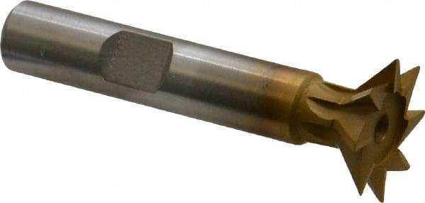 Made in USA - 3/4" Diam x 3/16" Width of Cut, 45° Included Angle, High Speed Steel Dovetail Cutter - 3/8" Shank Diam, 1-15/16" Shank Length, 2-1/8" Overall Length, Weldon Flat, TiN Coated - Apex Tool & Supply