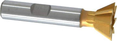 Made in USA - 3/4" Diam x 5/16" Width of Cut, 60° Included Angle, High Speed Steel Dovetail Cutter - 3/8" Shank Diam, 2-1/8" Overall Length, Weldon Flat, TiN Coated - Apex Tool & Supply