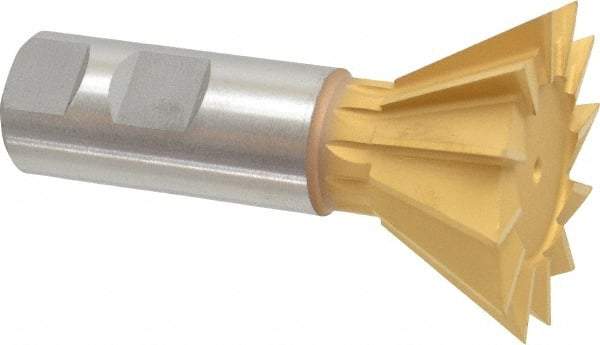 Made in USA - 2-1/4" Diam x 1-1/16" Width of Cut, 60° Included Angle, High Speed Steel Dovetail Cutter - 1" Shank Diam, 3-3/4" Overall Length, Weldon Flat, TiN Coated - Apex Tool & Supply