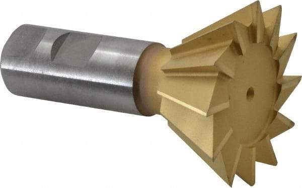 Made in USA - 2-1/2" Diam x 1-1/8" Width of Cut, 60° Included Angle, High Speed Steel Dovetail Cutter - 1" Shank Diam, 3-3/4" Overall Length, Weldon Flat, TiN Coated - Apex Tool & Supply