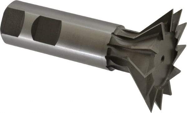 Made in USA - 2-1/4" Diam x 11/16" Width of Cut, 45° Included Angle, High Speed Steel Dovetail Cutter - 1" Shank Diam, 3-1/16" Shank Length, 3-3/4" Overall Length, Weldon Flat, Uncoated - Apex Tool & Supply