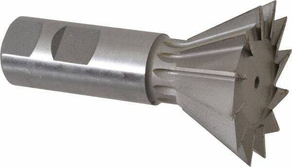 Made in USA - 2-1/4" Diam x 1-1/16" Width of Cut, 60° Included Angle, High Speed Steel Dovetail Cutter - 1" Shank Diam, 3-3/4" Overall Length, Weldon Flat, Uncoated - Apex Tool & Supply