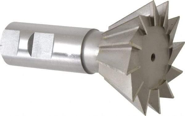 Made in USA - 2-1/2" Diam x 1-1/8" Width of Cut, 60° Included Angle, High Speed Steel Dovetail Cutter - 1" Shank Diam, 3-3/4" Overall Length, Weldon Flat, Uncoated - Apex Tool & Supply