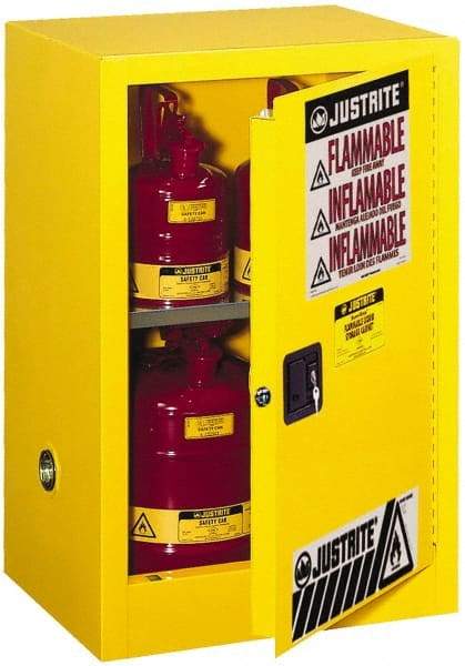 Justrite - 1 Door, 1 Shelf, Yellow Steel Space Saver Safety Cabinet for Flammable and Combustible Liquids - 35" High x 23-1/4" Wide x 18" Deep, Manual Closing Door, 12 Gal Capacity - Apex Tool & Supply