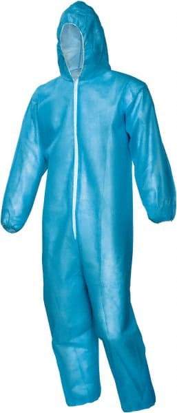 PRO-SAFE - Size 4XL Polypropylene General Purpose Coveralls - Blue, Zipper Closure, Elastic Cuffs, Open Ankles, Serged Seams, ISO Class 7 - Apex Tool & Supply