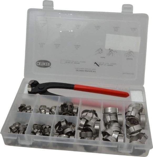 Oetiker - 124 Piece, 5/16 to 1" Diam, 2-Ear Service Clamp Kit - 123 Clamps & 1 Stainless Steel Side Jaw Pincer - Apex Tool & Supply