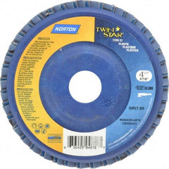 Norton - 60 Grit, 4-1/2" Disc Diam, 7/8" Center Hole, Type 27 Ceramic Flap Disc - 13,000 Max RPM, Plastic Backing, Arbor Attaching System, Coated - Apex Tool & Supply