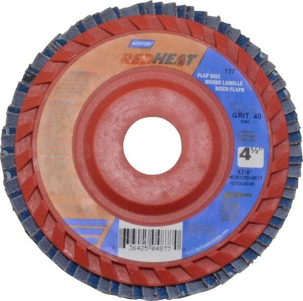 Norton - 40 Grit, 4-1/2" Disc Diam, 7/8" Center Hole, Type 27 Ceramic Flap Disc - 13,000 Max RPM, Plastic Backing, Arbor Attaching System, Coated - Apex Tool & Supply