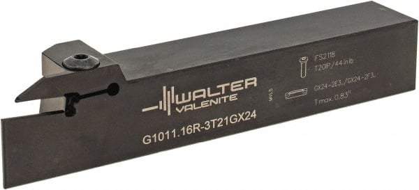 Walter - External Thread, 0.827" Max Depth of Cut, 3mm Min Groove Width, 150.01mm OAL, Right Hand Indexable Grooving Cutoff Toolholder - 25.4mm Shank Height x 25.4mm Shank Width, GX24-2E3/F3.. Insert Style, G1011 Toolholder Style - Apex Tool & Supply
