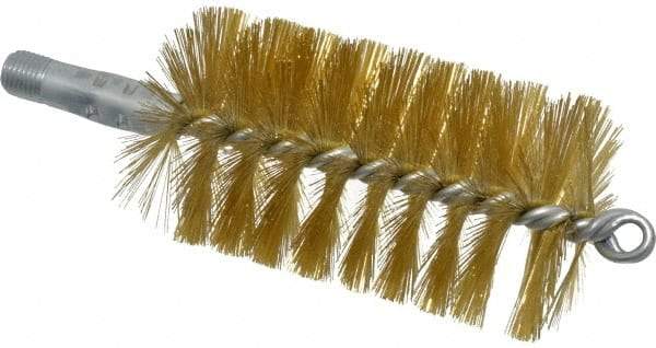 Schaefer Brush - 4-1/2" Brush Length, 2-1/2" Diam, Double Stem, Single Spiral Tube Brush - 8" Long, Brass, 1/4" NPSM Male Connection - Apex Tool & Supply