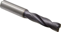 Kennametal - 9/16" 180° Spiral Flute Solid Carbide Screw Machine Drill Bit - TiAlN Finish, Right Hand Cut, 2-9/16" Flute Length, 115mm OAL, Flat-Bottom Point, Straight Shank, Through Coolant - Apex Tool & Supply