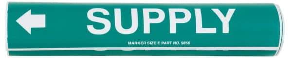 Made in USA - Pipe Marker with Supply Legend and Arrow Graphic - 4-5/8 to 5-7/8" Pipe Outside Diam, White on Green - Apex Tool & Supply
