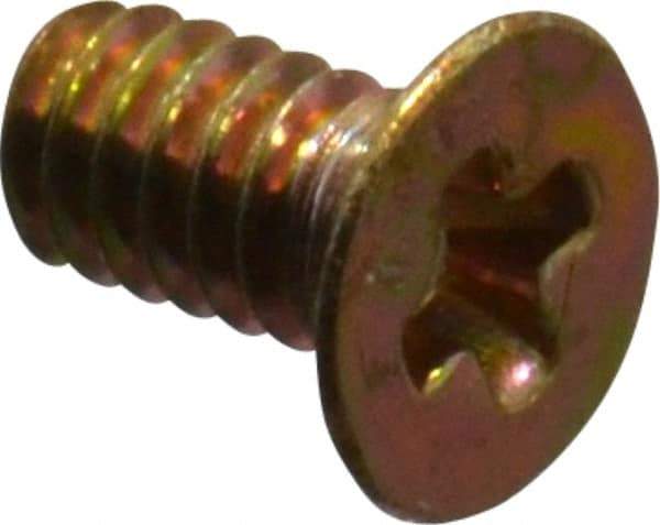 Made in USA - #0-80 UNF, 1/8" OAL Phillips Drive Machine Screw - Flat Head, Grade 3 Steel, Yellow Cadmium-Plated Finish, Without Washer - Apex Tool & Supply