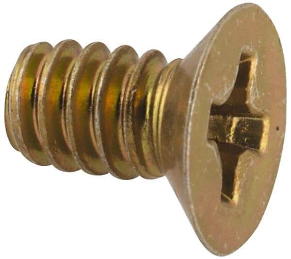 Made in USA - #6-32 UNC, 1/4" OAL Phillips Drive Machine Screw - Flat Head, Grade 3 Steel, Yellow Cadmium-Plated Finish, Without Washer - Apex Tool & Supply
