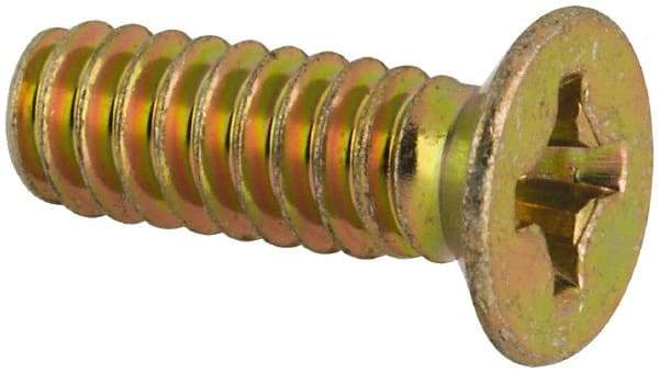 Made in USA - #6-32 UNC, 7/16" OAL Phillips Drive Machine Screw - Flat Head, Grade 3 Steel, Yellow Cadmium-Plated Finish, Without Washer - Apex Tool & Supply