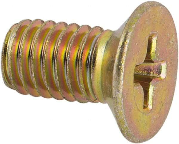 Made in USA - #10-32 UNF, 3/8" OAL Phillips Drive Machine Screw - Flat Head, Grade 3 Steel, Yellow Cadmium-Plated Finish, Without Washer - Apex Tool & Supply