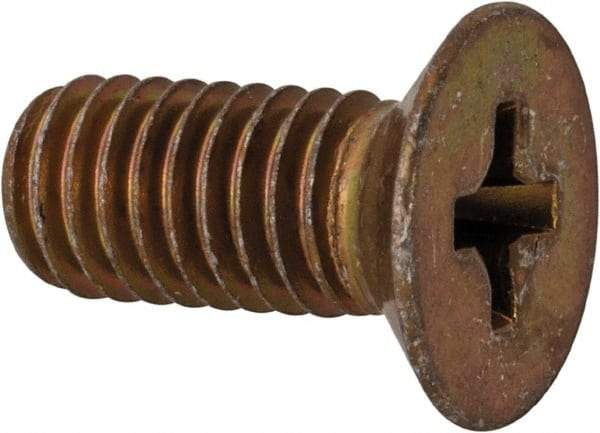 Made in USA - #10-32 UNF, 7/16" OAL Phillips Drive Machine Screw - Flat Head, Grade 3 Steel, Yellow Cadmium-Plated Finish, Without Washer - Apex Tool & Supply
