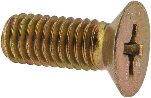 Made in USA - #10-32 UNF, 1/2" OAL Phillips Drive Machine Screw - Flat Head, Grade 3 Steel, Yellow Cadmium-Plated Finish, Without Washer - Apex Tool & Supply
