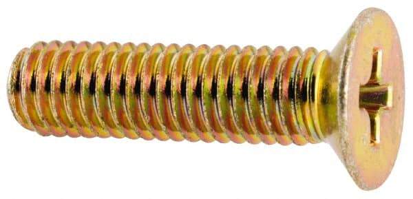 Made in USA - #10-32 UNF, 3/4" OAL Phillips Drive Machine Screw - Flat Head, Grade 3 Steel, Yellow Cadmium-Plated Finish, Without Washer - Apex Tool & Supply
