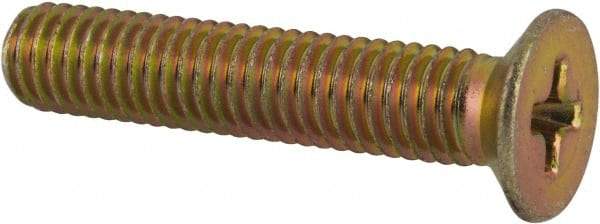 Made in USA - #10-32 UNF, 1" OAL Phillips Drive Machine Screw - Flat Head, Grade 3 Steel, Yellow Cadmium-Plated Finish, Without Washer - Apex Tool & Supply