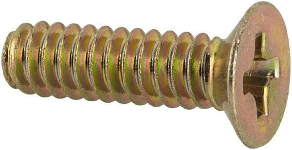 Made in USA - #6-32 UNC, 1/2" OAL Phillips Drive Machine Screw - Flat Head, Grade 3 Steel, Yellow Cadmium-Plated Finish, Without Washer - Apex Tool & Supply