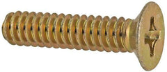 Made in USA - #6-32 UNC, 5/8" OAL Phillips Drive Machine Screw - Flat Head, Grade 3 Steel, Yellow Cadmium-Plated Finish, Without Washer - Apex Tool & Supply