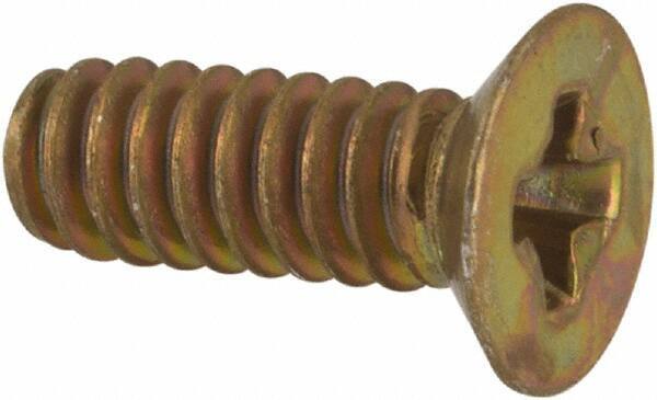 Made in USA - #4-40 UNC, 5/16" OAL Phillips Drive Machine Screw - Flat Head, Grade 3 Steel, Yellow Cadmium-Plated Finish, Without Washer - Apex Tool & Supply