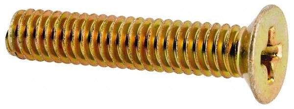Made in USA - #8-32 UNC, 7/8" OAL Phillips Drive Machine Screw - Flat Head, Grade 3 Steel, Yellow Cadmium-Plated Finish, Without Washer - Apex Tool & Supply