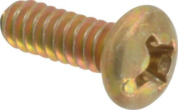 Made in USA - #6-32 UNC, 3/8" Length Under Head Phillips Drive Machine Screw - Pan Head, Grade 3 Steel, Yellow Cadmium-Plated Finish, Without Washer - Apex Tool & Supply