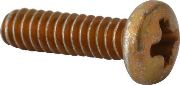 Made in USA - #6-32 UNC, 1/2" Length Under Head Phillips Drive Machine Screw - Pan Head, Grade 3 Steel, Yellow Cadmium-Plated Finish, Without Washer - Apex Tool & Supply