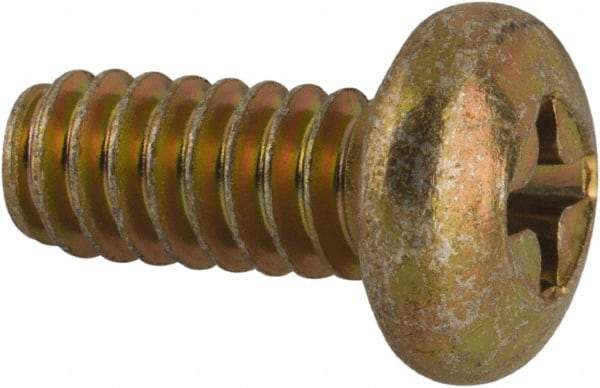 Made in USA - #10-24 UNC, 7/16" Length Under Head Phillips Drive Machine Screw - Pan Head, Grade 3 Steel, Yellow Cadmium-Plated Finish, Without Washer - Apex Tool & Supply