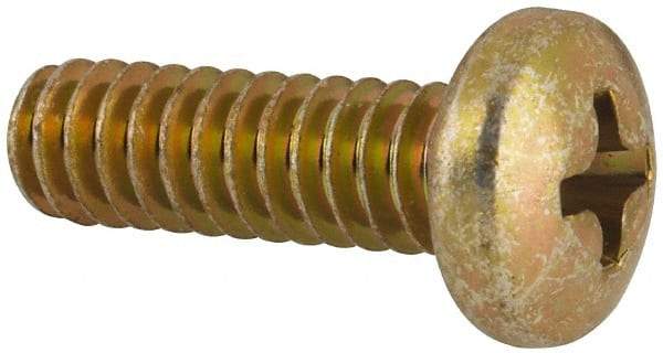Made in USA - #10-24 UNC, 5/8" Length Under Head Phillips Drive Machine Screw - Pan Head, Grade 3 Steel, Yellow Cadmium-Plated Finish, Without Washer - Apex Tool & Supply