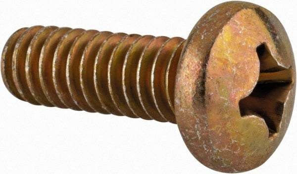 Made in USA - 1/4-20 UNC, 3/4" Length Under Head Phillips Drive Machine Screw - Pan Head, Grade 3 Steel, Yellow Cadmium-Plated Finish, Without Washer - Apex Tool & Supply