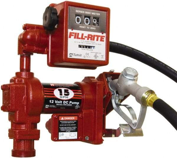 Tuthill - 15 GPM, 3/4" Hose Diam, DC Tank Pump with Manual Nozzle & 807C Meter - 1" Inlet, 3/4" Outlet, 12 Volts, 12' Hose Length, 1/4 hp - Apex Tool & Supply