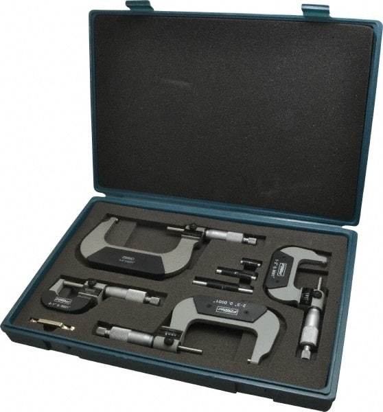 Fowler - 0 to 4" Range, Mechanical Outside Micrometer Set - 0.0001" Graduation, 0.00016" Accuracy, Ratchet Stop Thimble - Apex Tool & Supply